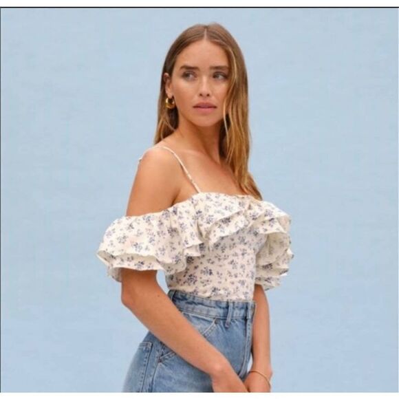 Reformation Linen blue floral Ruffle Floral Top Size 6 - Picture 3 of 5